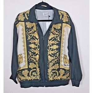 Oleg Cassini Track Jacet  Size Small Black Gold Cheetah Grecian Silk Vintage
